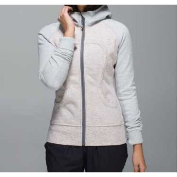 Lululemon Scuba Full Zip Hoodie Size 4 Pink Gray Big embroidered logo on hood.